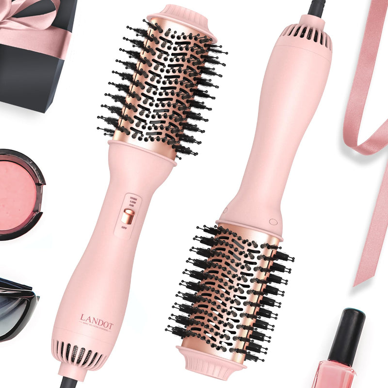  [AUSTRALIA] - LANDOT Blow Dry Hair Brush 60mm, One Step Hair Dryer & Volumiser for Smooth | Ionic Anti-Frizz Ceramic Titanium Barrel, Shine Frizz-Free Blowout, 3 Heat Settings for Long Thick Curly Hair, UK Plug Pink