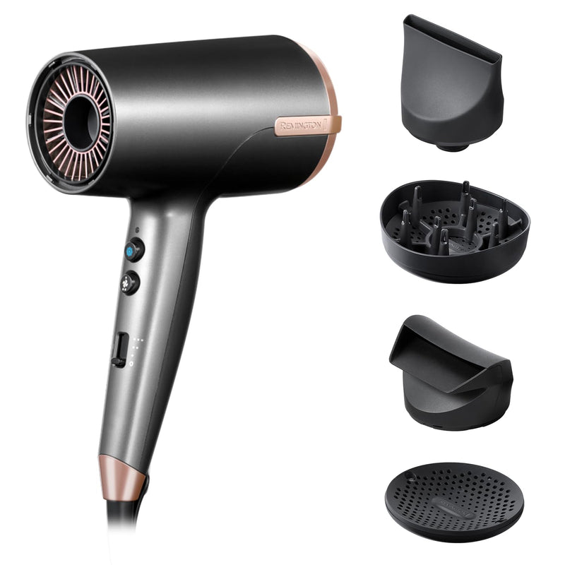 Remington ONE Dry and Style Hair Dryer, 2000W, 4 Attachments | Salon Performance for Faster Drying, Compact Design, Dual Ionic System, 8 Heat Settings, styling attachments included