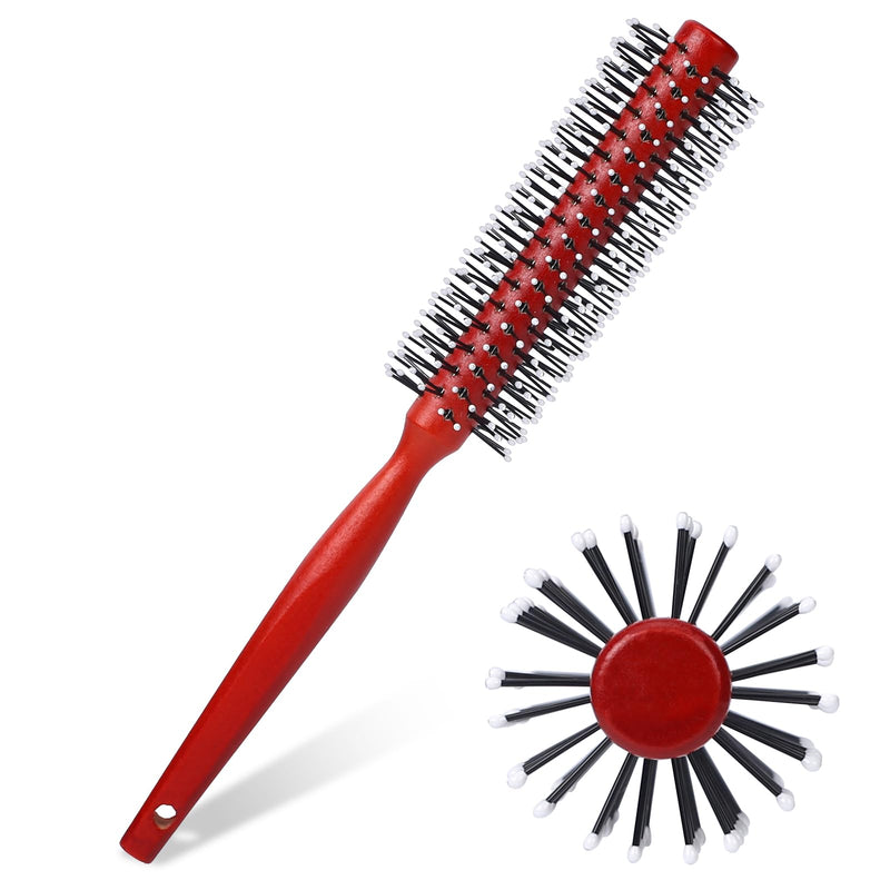 Small Round Hair Brush for Blow Drying, Mini Curling Brush with Ball Tip Nylon Bristle and Wood Handle, Mini Quiff Roller for Short Hair, Thin Hair, Bangs, Lifting, Styling, Beard (Red)