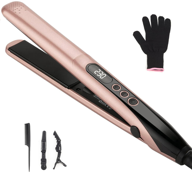 Hair Straightener Flat Iron Digital Display 100°C–230°C, with Glove | Hair Straightener and Curler 2 in 1, Dual Voltage, Ceramic Plates, Lasting Results
