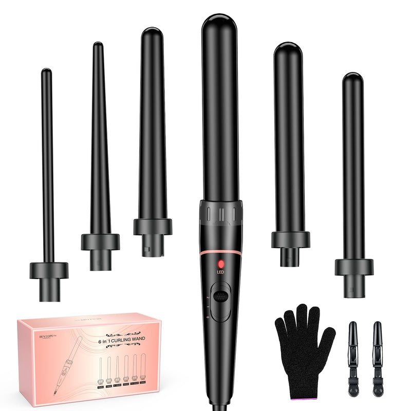  [AUSTRALIA] - BESTOPE PRO Hair Curler 6-in-1 Curling Wand Set, Curling Iron with 2 Temperature Control, Curling Tongs with Heat-Resistant Glove and 2 Hair Clips Black 6 in 1