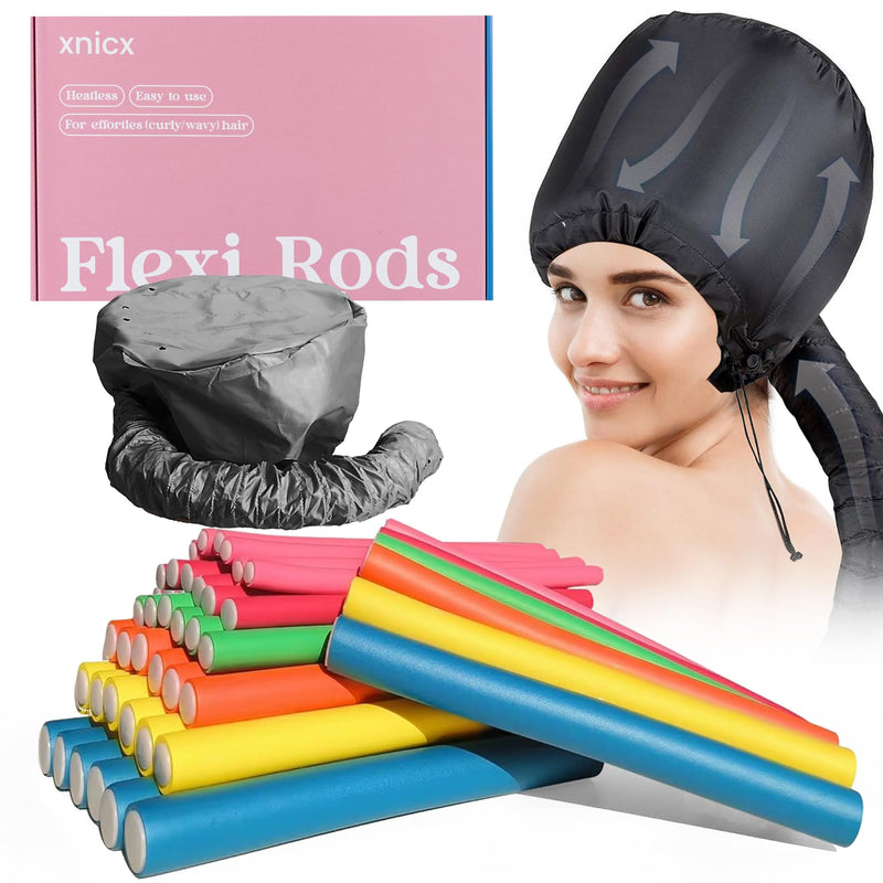 xincx 42Pcs 7" Heatless Bendy Hair Rollers,Overnight Curlers for All Hair | Flexi Curling Rods for Sleep Styling,with Hair Dryer Bonnet for Quick Shaping(Black),No Heat Foam Rollers for Salon,Travel Black