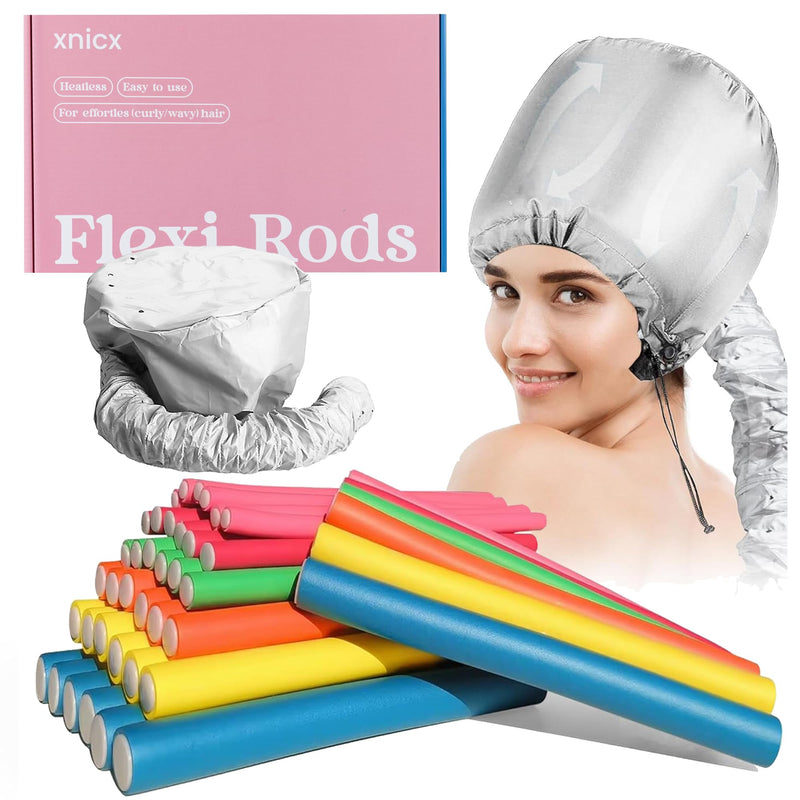 xincx 42Pcs 7" Heatless Bendy Hair Rollers,Overnight Curlers for All Hair | Flexi Curling Rods for Sleep Styling,with Hair Dryer Bonnet for Quick Shaping(Silvery),No Heat Foam Rollers for Salon,Travel Silvery