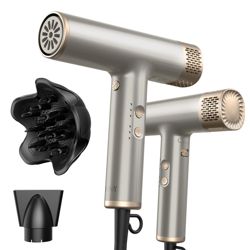 YAPOY Professional Hair Dryer with Diffuser Fast Drying 200 Million Ionic Blow Dryer with 110, 000 RPM High-Speed No Heat Damage Intelligent Thermo-Control Low Noise - Silver UK-Size
