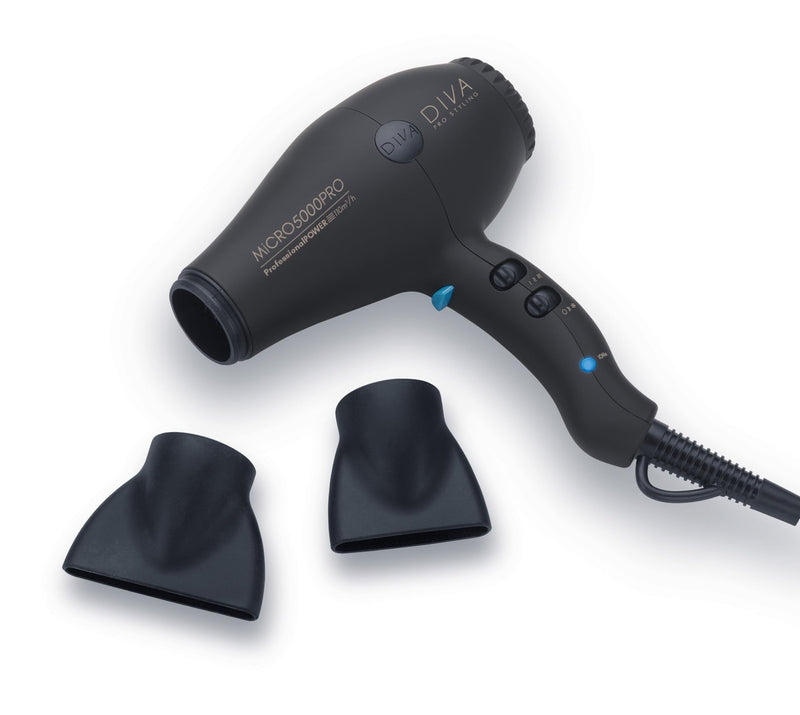 Diva Pro Styling Micro 5000 Pro Dryer - Black. Improved Power, Lightweight Micro-Size. with Macadamia Oil, Argan Oil, and Keratin for Ultra-Shiny and Smooth Hair