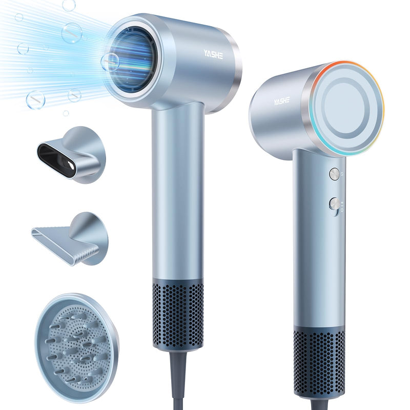  [AUSTRALIA] - YASHE Hair Dryer, 110,000 RPM High-Speed Brushless Motor, Low Noise Fast Drying 22m/s, Hairdryers for Women & Men, 1 Diffuser and 2 Concentrator, Negative Ionic Blow Dryer for Salon Home Travel Light Blue