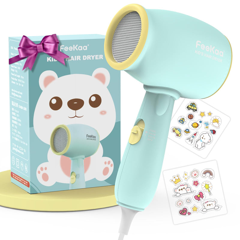 Feekaa Kids Hair Dryer, Baby Hair Dryer, 3 Safe Temperature for Children Hairdryers, Quiet kids Hairdryer, Small Lightweight Blow Dryer, 550W Hairdryer kids with Sticker Gift for Boy,Girl,Baby,Toddler Green