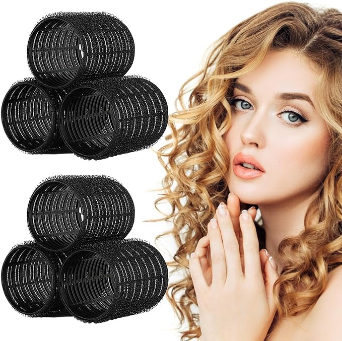 AMJKEJI 6 Pcs Hair Curler Rollers Large Velcro Rollers for Long Short Hair, Styling Self Grip Roller 60mm Hairdressing Tools for Women Home Travel Hair Salon (Black)
