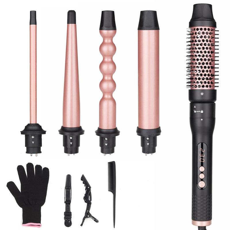 UNOBEY 5 in 1 Curling Wand Set, Curling Iron Brush Set with Thermal Brush | Interchangeable Ceramic Barrel Hair Curler Tools(9-32mm) for short to long hair, Fast Heating 100℃-230℃, Long-Lasting Results