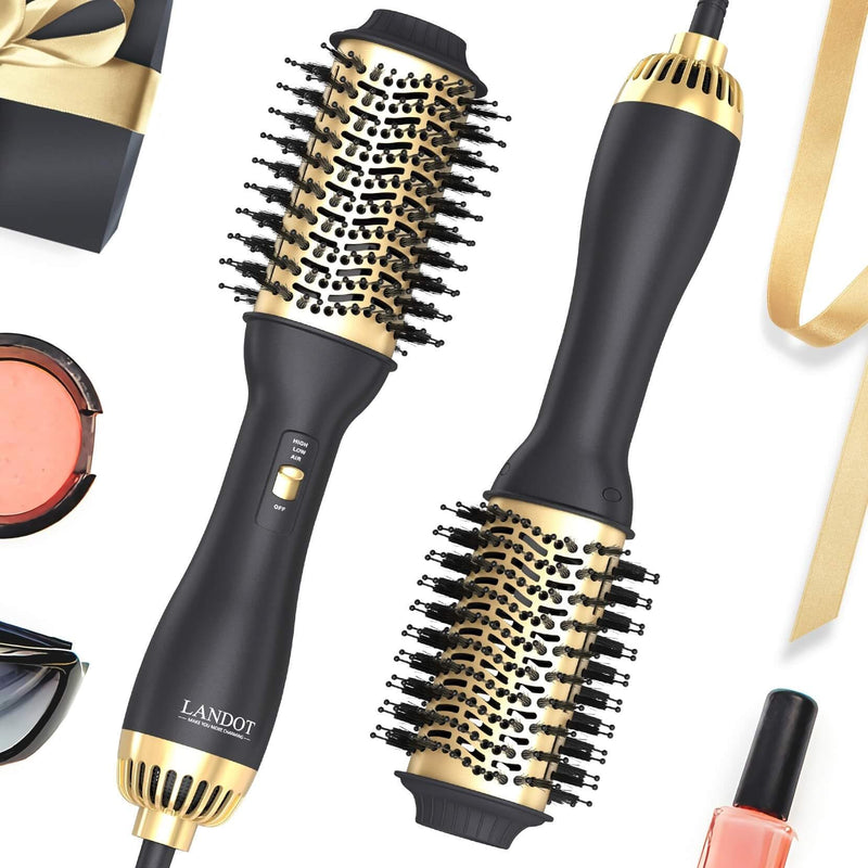 LANDOT Hair Dryer Brush, Hot Air Styler Volumiser, 60mm Oval Blowout Brush | Ionic Blowdry Brush for Drying Smoothing and Volumizing, Anti-frizz Ceramic Titanium Barrel, 3 Heat & 2 Speed, All Hair Types Black/Gold
