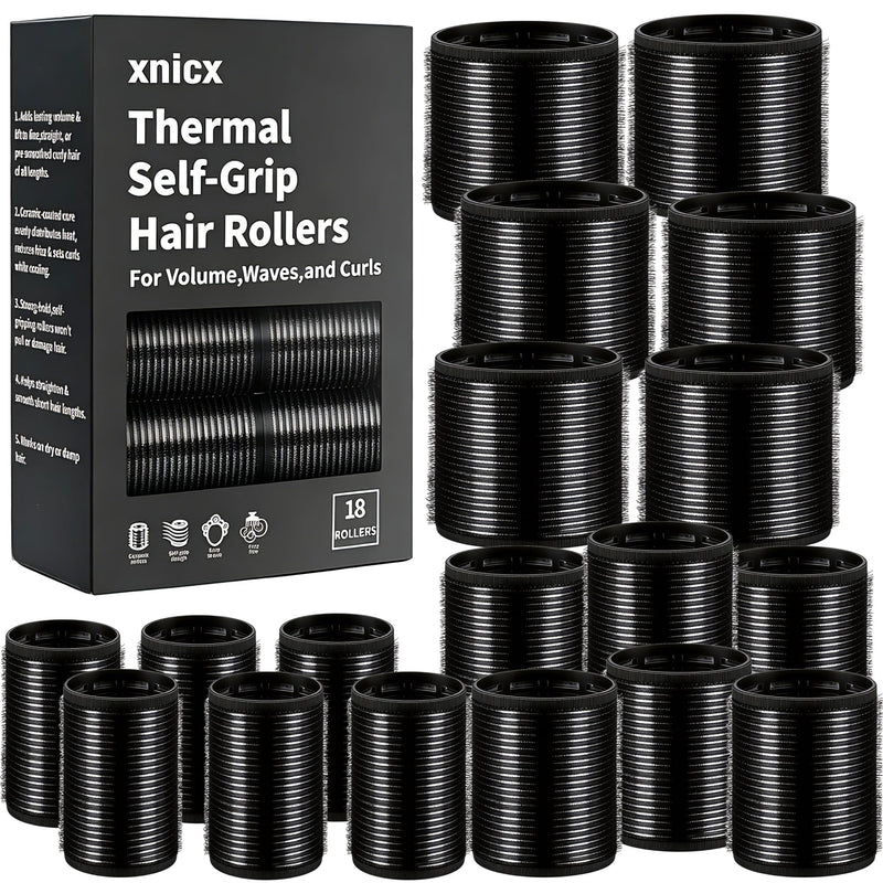 18pcs Hair Rollers,Self Grip Thermal Curlers for Long Short Hair | Ceramic Ionic Thermal Hair Rollers for Hair Volume,Blowout styling Look,to Sleep In,Salon Quality Heatless Curls(Black) Dark Black
