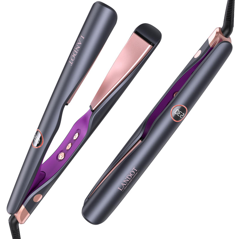  [AUSTRALIA] - LANDOT Hair Straightener and Curler 2-in-1, Twist Flat Iron, Dual Voltage | Curved Floating Ceramic Plates for Straighten Curl Wave, Sleek Frizz-Free Styling, Fast Heat-Up 120-230°C, Heat Resistant Mat Black