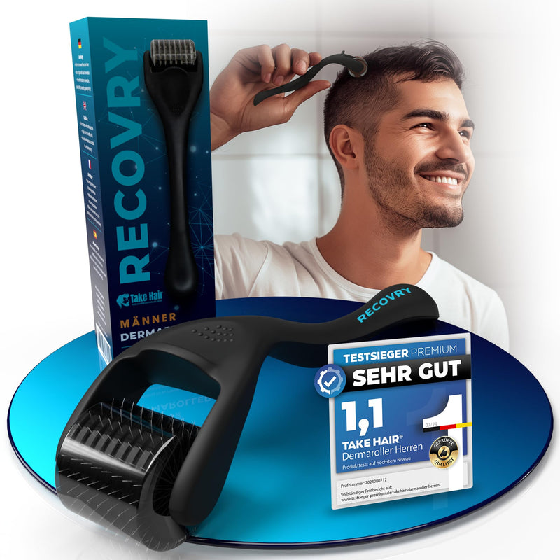 RECOVRY Derma Roller for Men - Micro Needle Roller - 190 Stainless Steel Needles - Not Daily Use - Also for Beard Care - Includes Masterclass for Hair Loss 0,5mm