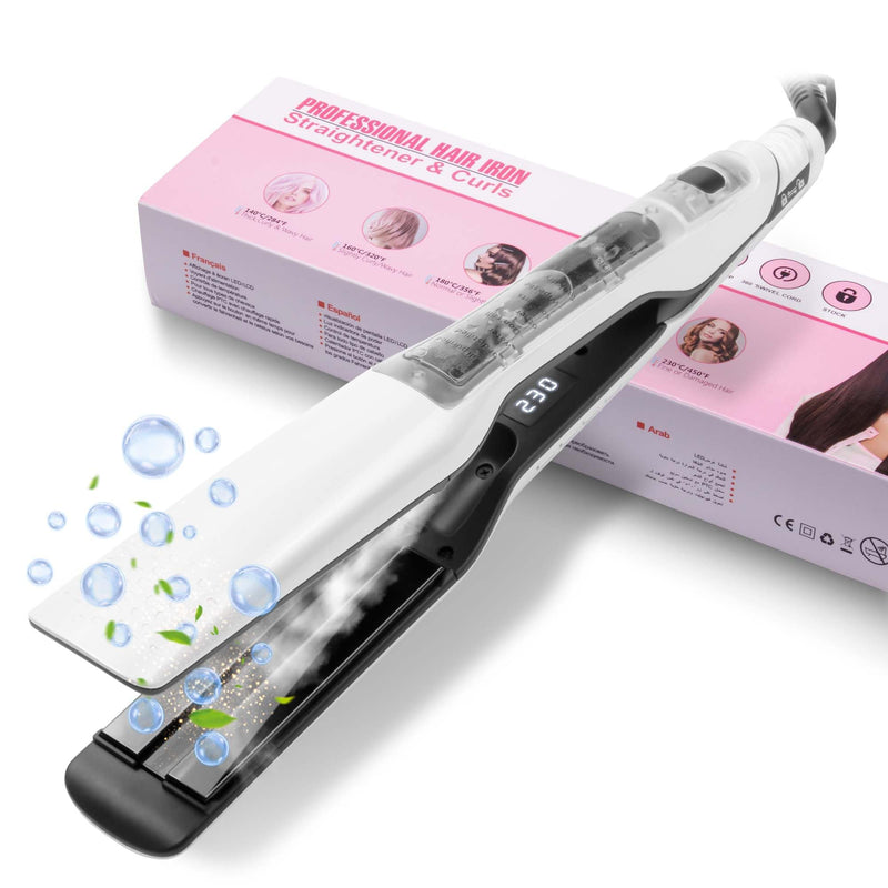 UKLISS Steam Hair Straightener for Women, Professional Hair Straighteners with LCD Display & Safty Lock, 40MM Wide Plate Flat Iron, Hair Straighten & Smooth 2 in 1, Salon Hair Care Effect, 100-230℃ White