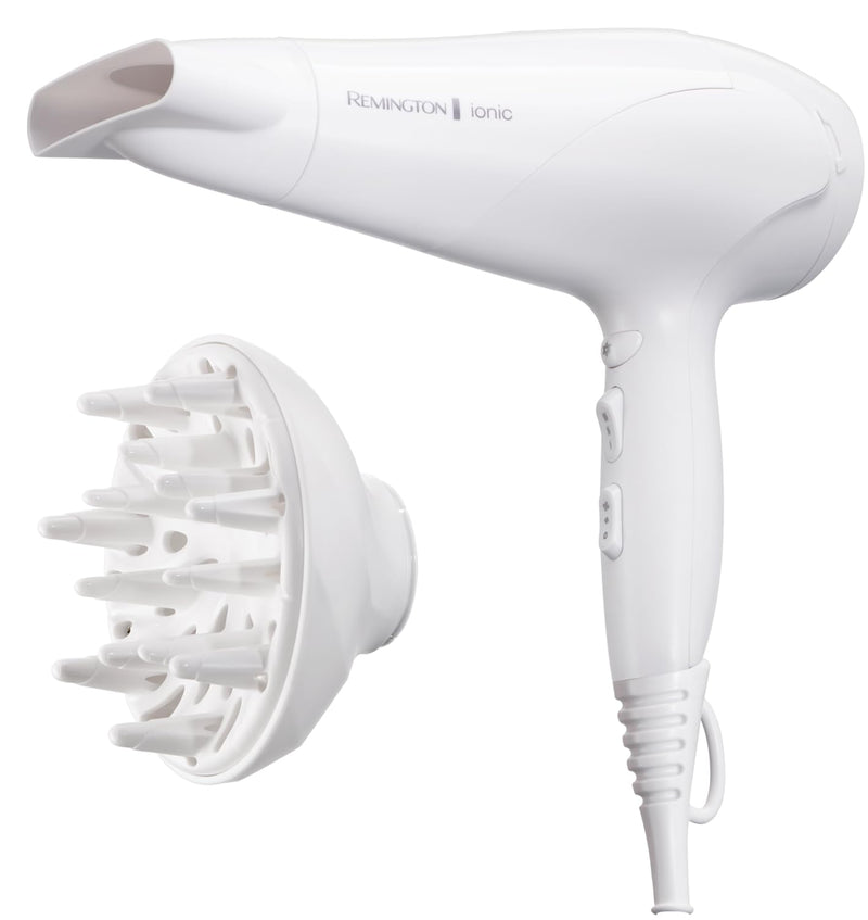 Remington Hair Dryer, Ionic Conditioning, 2200W, 3 Heat & 2 Speed | Frizz-Free, Shiny Results, Includes Diffuser and Concentrator attachments, 2 Speed Settings for Versatile Styling White