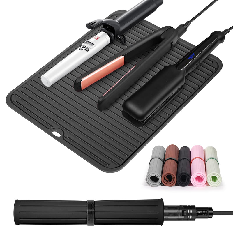  [AUSTRALIA] - Heat Resistant Mat Large Silicone Hot Hair Tools Mat for Curling Irons Flat Iron Hair Straightener Portable Hair Styling Tools Hot Pad Cover Black