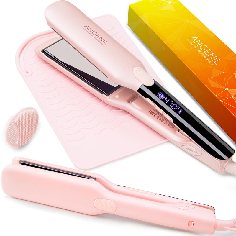 ANGENIL Professional Titanium Flat Iron Wide, Dual Voltage, Fast Heating | Pink Hair Straighteners for Women 4.5cm Wide, Heat Proof Mat, Curling Function, Heat Silicone Mat, Dual Voltage, 160-240°C 4.5 cm - blush