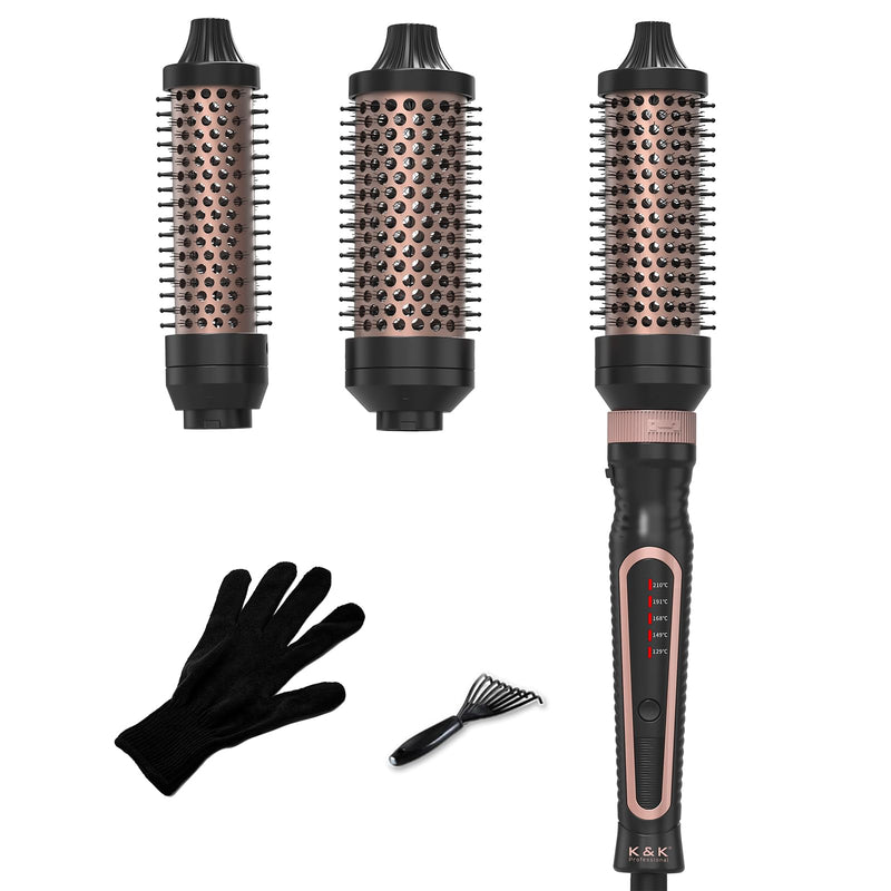 K&K 3 in 1 Ionic Heated Round Brush Curler, Ceramic Thermal Hair Brush Set | VERSATILE 3-IN-1 SET: Features 3 interchangeable barrels to create versatile curls, beachy waves, and instant root volume Black
