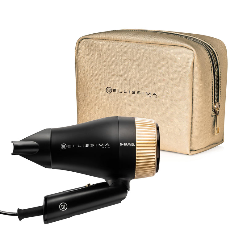 Bellissima B Travel Hair Dryer – Premium Mini, Fast, Light Dryer for Women and Men, Foldable, Compact, 2 Heat Settings, Luxury Travel Bag Included, Worldwide Use, 1400W Dual Voltage Hair Dryer with folding handle