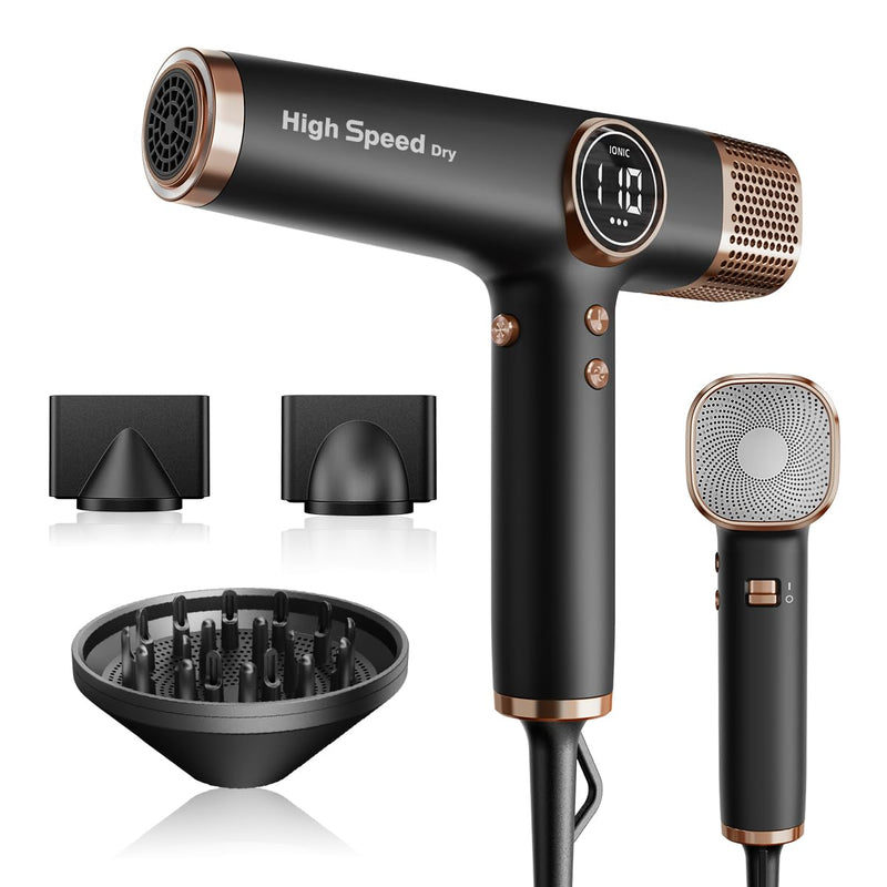 Faszin High Speed Hair Dryer, Lightweight Hairoryer with 110,000 RPM Motor, Fast Drying lonic Hair Dryer for Women & Men, Low Noise, 3 Magnetic Nozzles, Black(Matte Finish) Matte Finish