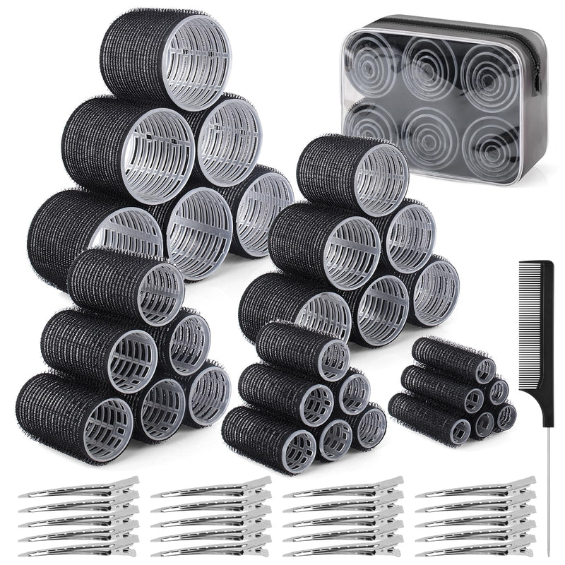 60 PCS Hair Rollers with Clips, Hair Curlers Rollers with 28 Metal Clips | 5 Sizes(60/48/36/25/15mm), Perfect for Long Medium Short Thick Hair (Black) 1 count (Pack of 1) Black