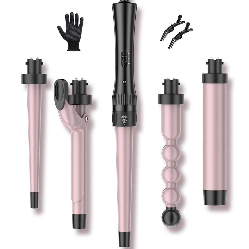Hair Curling Wand Iron Tongs with Anti-Scald Head, 5 in 1 Hair Curler for Long Hair 10mm-32mm with 2 Crocodile Clips 1 Anti-Scald Silicone Gloves, PTC Ceramic LCD 180°C & 210°C Pink