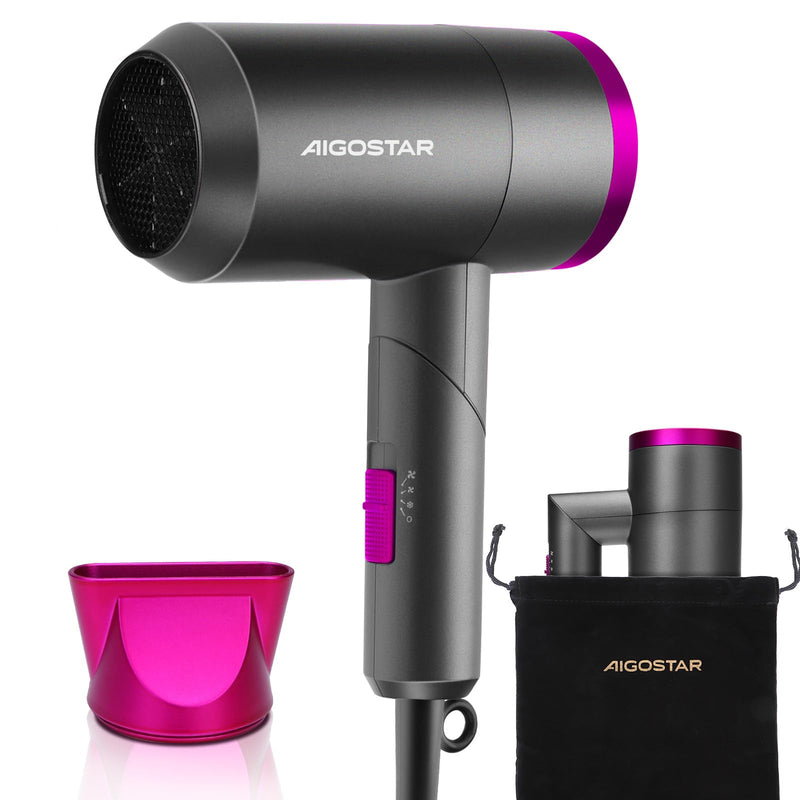 Aigostar Foldable Ionic Hair Dryer 1800W, Portable Travel Blow Dryer with Concentrator & Storage Bag, 2 Heat Settings & Cool Shot, Compact Lightweight Hairdryer for Home, Gym & Holiday - Diane Grey/Rose Pink(foldable)