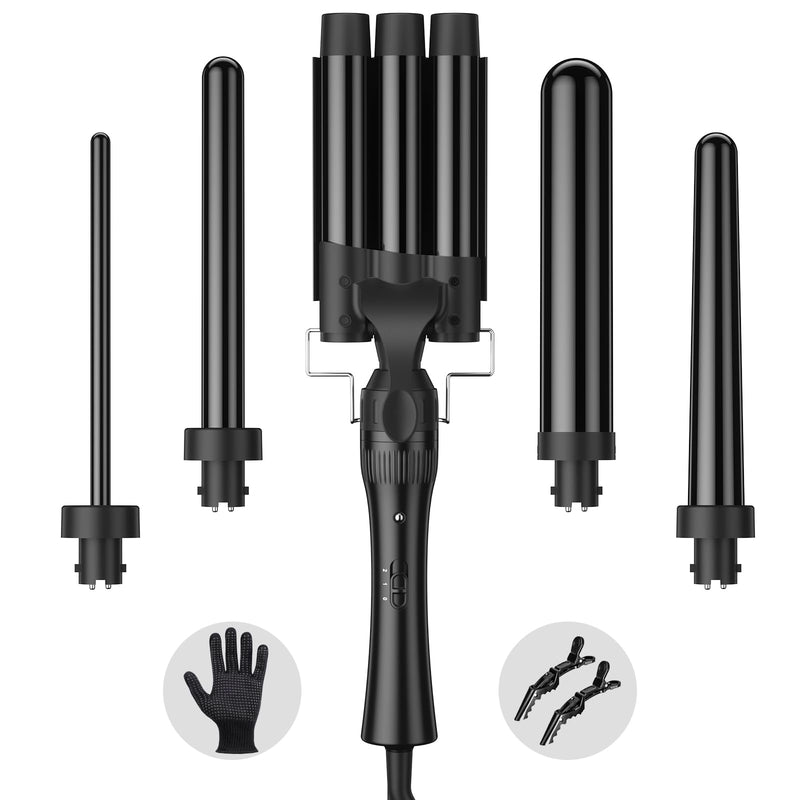 Hair Waver Curling Wand Iron Tong, Chopstick, 5 in 1 Hair Curler for Long Hair 10mm-32mm with 2 Crocodile Clips 1 Anti-Scald Silicone Gloves, PTC Ceramic Triple Barrels LCD 180°C & 210°C Black