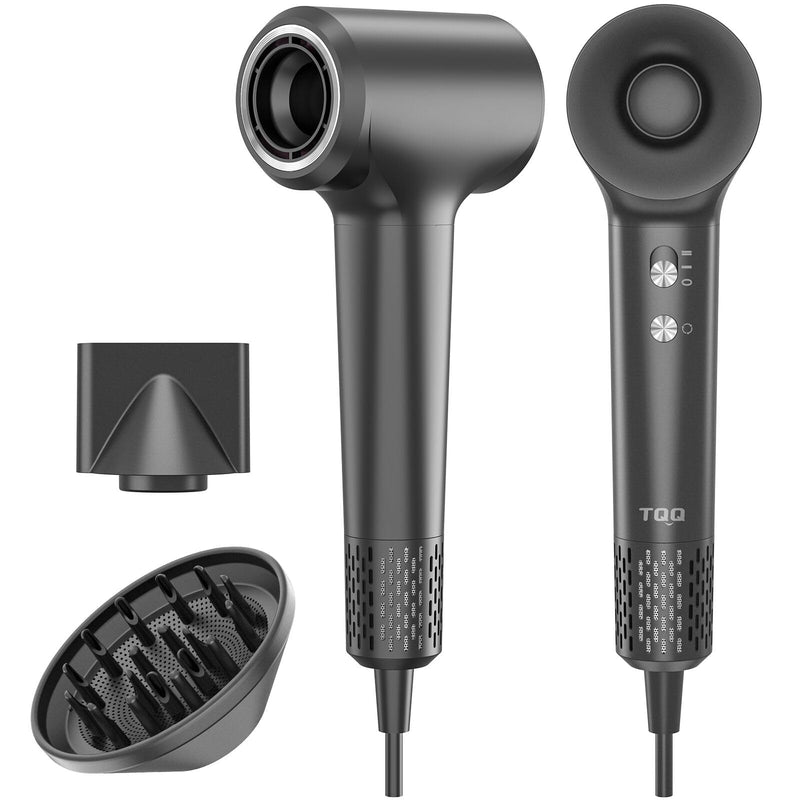 TQQ Hair Dryer with Diffuser, 200 Million Negative Ionic Hairdryer, 110, 000 RPM High Speed Brushless Motor Blow Dryer for 2min Fast Drying, 57dB Low Noise Travel Hairdryers for Women and Men Grey