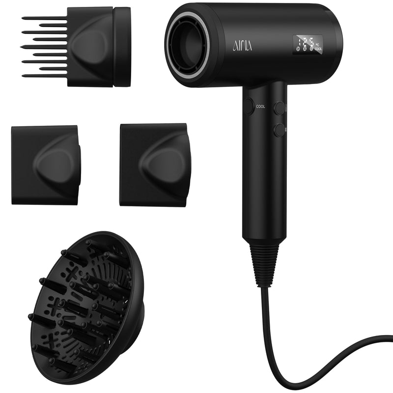 AINA Pro Salon Hair Dryer(New tech),2300W Blow Dryer with Diffuser Comb for Women | BLDC Hair Dryer | Brushless Motor 150,000 RPM | Ionic | LED Display | 4 Magnetic Attachments 230V/UK(Vader Black) Babe Pink