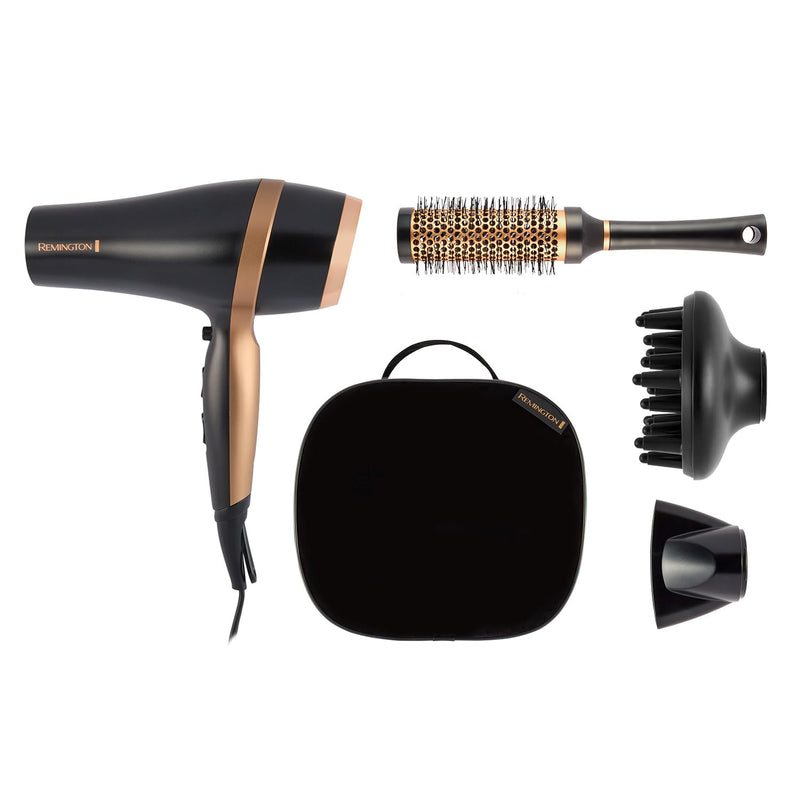 Remington Hair Dryer Gift Set, 2000W, Ceramic Ionic Grille, Black | Includes Concentrator, Diffuser, 3 Heat & 2 Speed Settings, Cool Shot, Premium Storage Bag, Round Brush