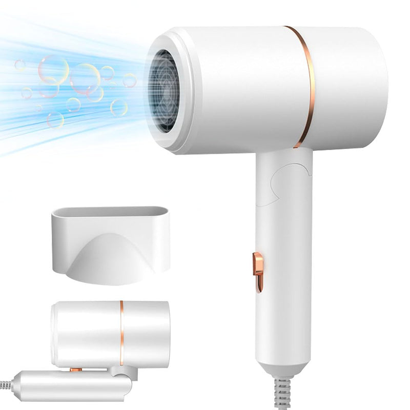 Hair Dryer Travel, Foldable Hair Dryer, Ionic Hairdryer Lightweight with 2 Heat and Cool Button, Silent Hairdryers for Women with 1 Concentrator, Small Hair Blow Dryer for Women White