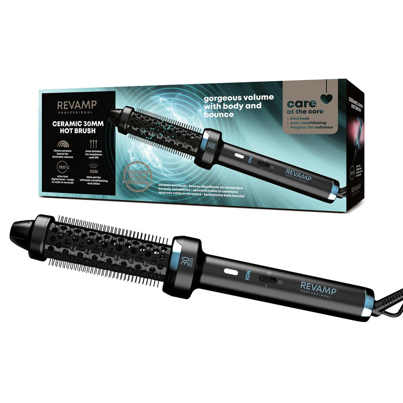 REVAMP Ceramic Hot Brush Styler - 30 mm Round Barrel, Ionic | Hair Curling Brush, Progloss Oils, Volumising Body, Bounce, Curl & Waves, Fast Heat, Snag Free