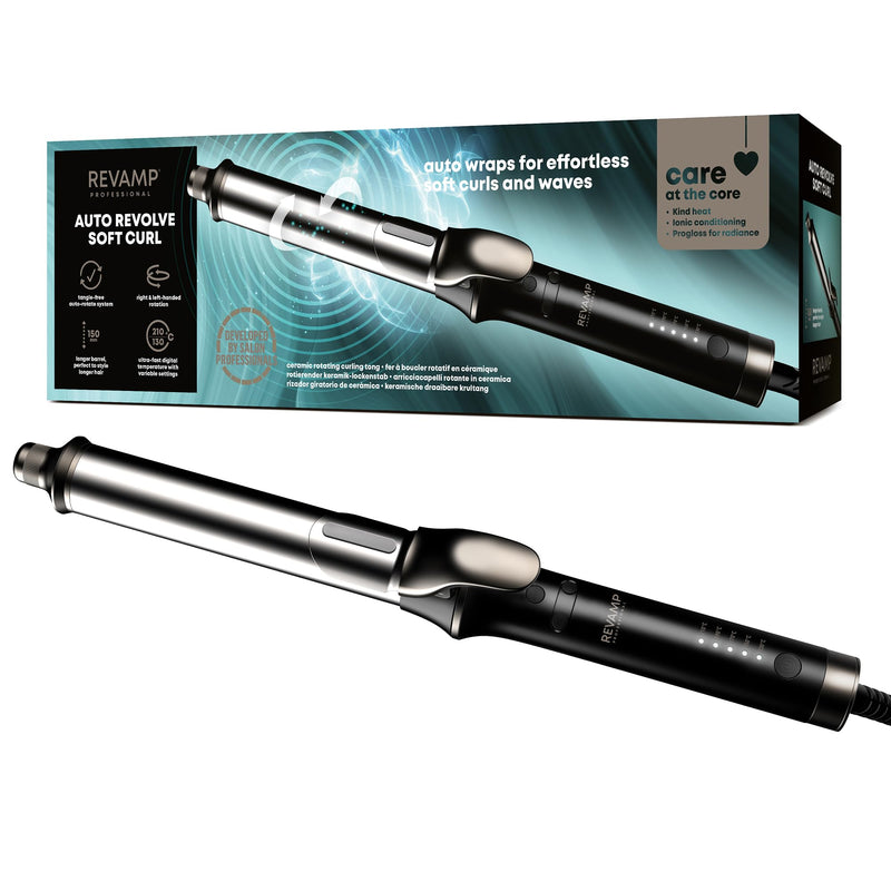 REVAMP Auto Revolve Soft Curl - Automatic Rotating Hair Curler, Ceramic | Curling Iron Tong, Extra-Long Barrel, Long Hair, Tangle Free, Left & Right Hand Rotation