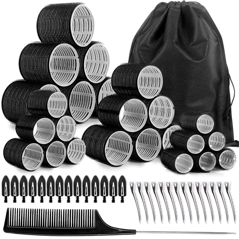 54 PCS Hair Rollers with Clips, Black Rollers for Hair, Jumbo Large Medium Small Hair Curlers Rollers for Long Medium Short Thick Fine Hair DIY Hairdressing (Black)