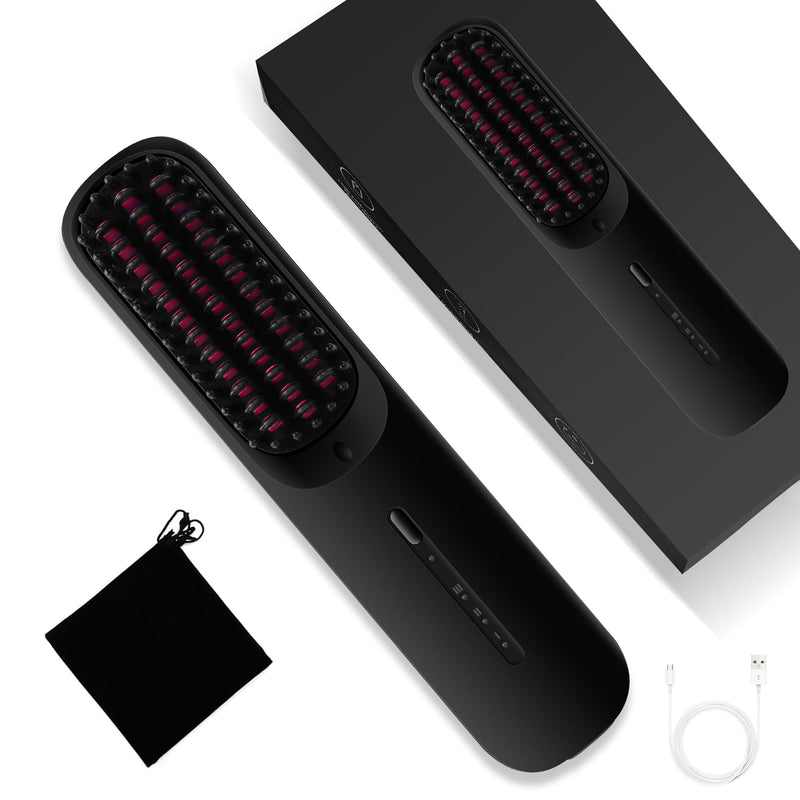 UKLISS Go Brush Pro Cordless Hair Straightener Brush, USB Straightener | Rechargeable Ceramic Styling Brush with 4 Heat Modes & LED Display, Portable for Travel & Everyday Use Black