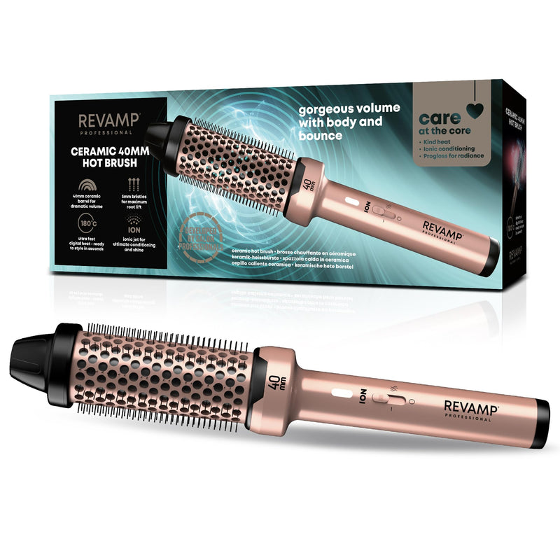 REVAMP Ceramic Hot Brush Styler - Ionic, Fast Heat, Gold Edition, 40 mm | Round Barrel Heated Curling Brush, Volumising, Thermal Styling, Blowout, Waves & Bouncy Curls