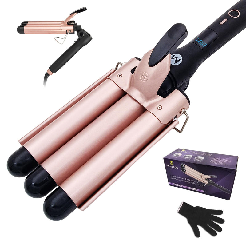 3 Barrel Hair Curler, 25mm Ceramic Tourmaline Hair Curling Iron Waver Wand with LCD Temperature Display, Fast Heating Foldable Crimpers for Travel (Gold) Gold