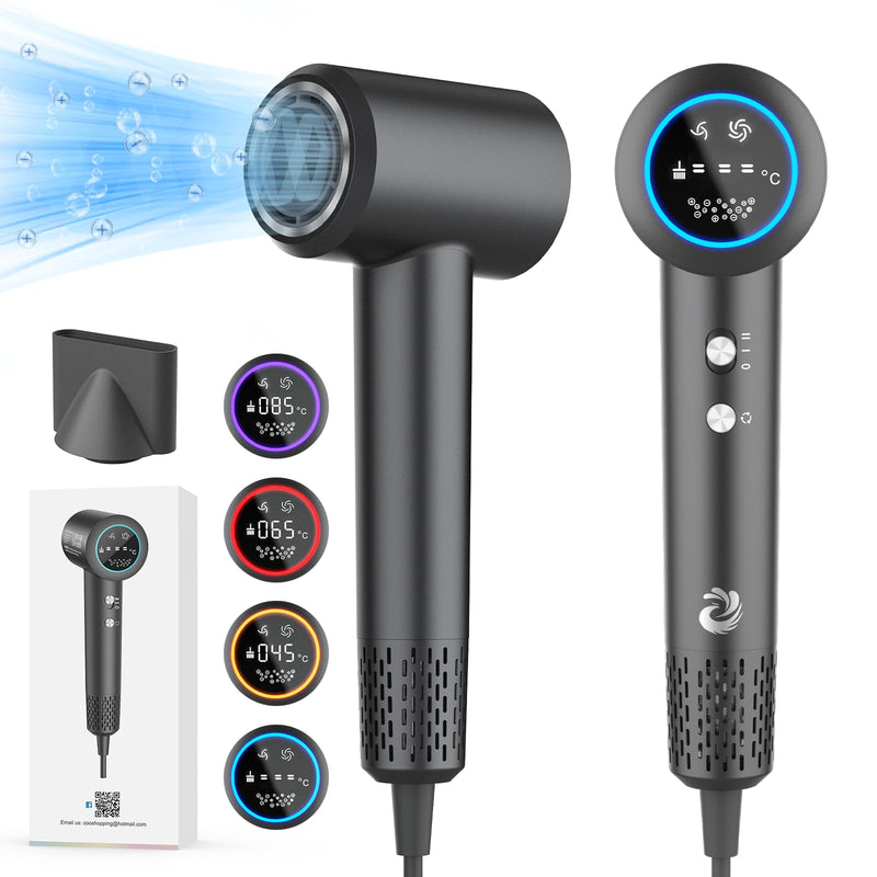 KARFUN Professional Hair Dryer, 200 Million Plasma Hair Dryer, HD Display | 110.000 RPM Motor for Fast Drying, Low Noise Thermo-Control, with Magnetic Nozzle, Ionic Frizz-Free Conditioning (Dark Grey) Dark Grey