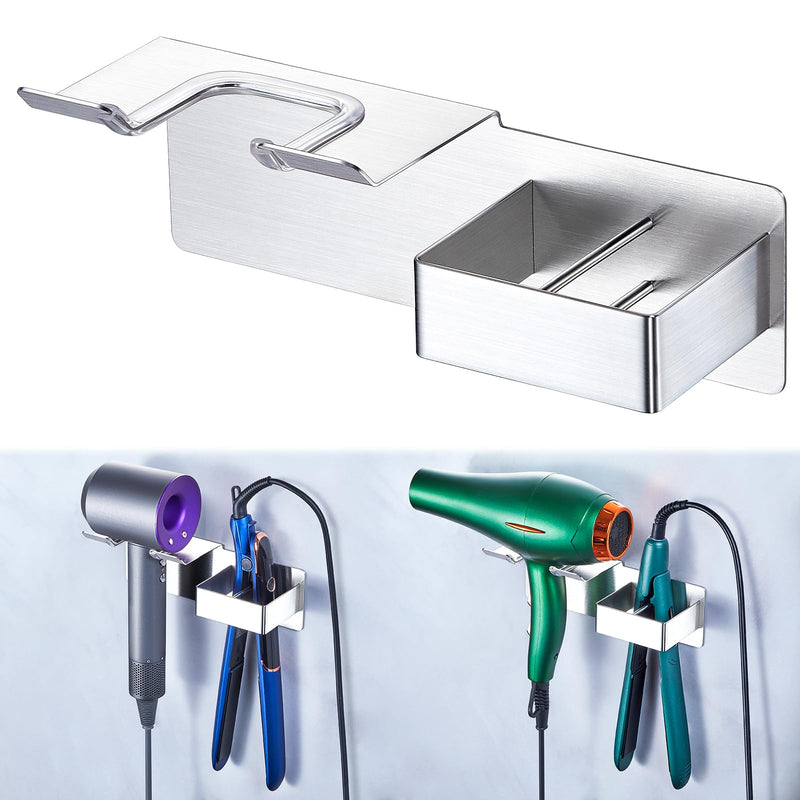  [AUSTRALIA] - Hairdryer and Straightener Holder, Hair Dryer Holder Wall Mounted, Hair Straightener Holder, Stainless Steel Straighteners Stand, Bathroom Storage for Hairdryer and Curling Iron (Silver) Silver