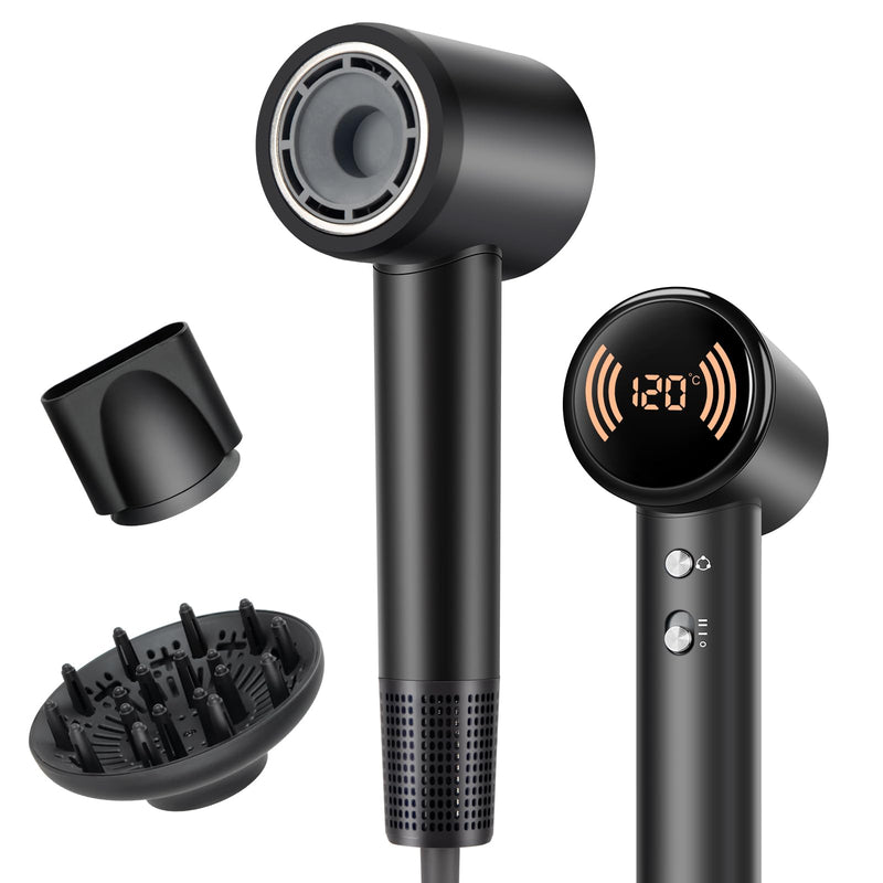  [AUSTRALIA] - Chignon Ionic Hair Dryer with Diffuser - 110,000 RPM Brushless Motor, 1600W Blow Dryer with Temperature Display & Magnetic Attachments, Low Noise for Salon Styling