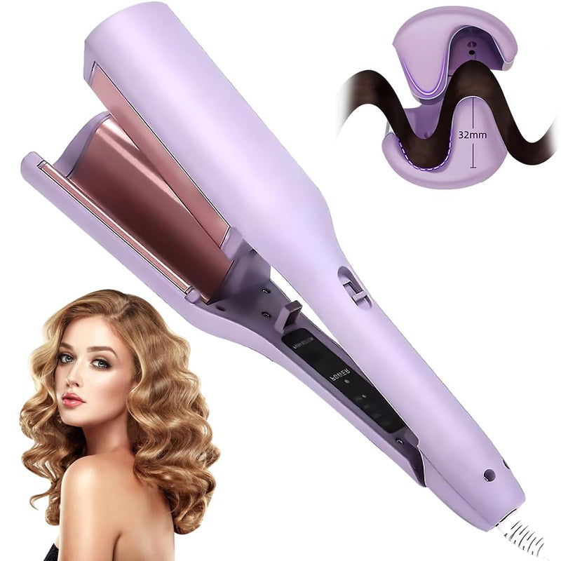 Mermaid Hair Waver, Wave Curling Iron with 4 Temperature Control, 15s Rapid Heating French Wave Curling Iron for Women, V Shaped Beach Waver Hair Curler for Short/Medium/Long (32mm Purple)