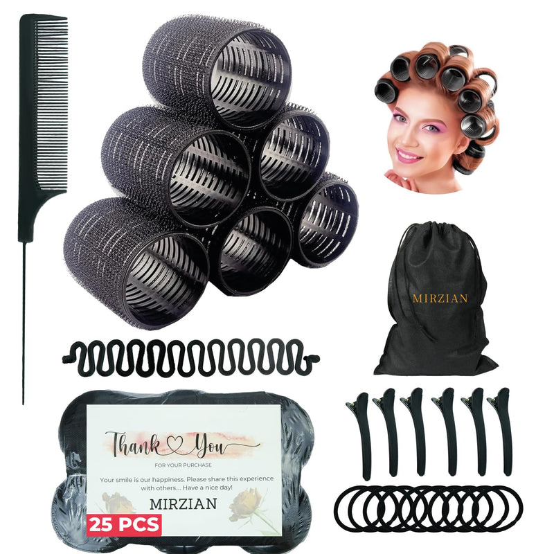 25 Pcs Hair Rollers Set – 6 Extra Large 76mm Rollers with 6 Clips, 10 Grips, Comb, Braid & Storage Bag – Big Hair Rollers & Fringe Roller for Volume, Bangs, Heatless Curls, Travel-Friendly Styling