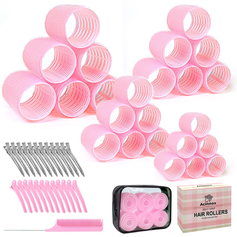  [AUSTRALIA] - 4 Sizes Self-Grip Hair Rollers Set with Clips - 4 Sizes for Long, Short Hair & Bangs (25mm, 36mm, 48mm, 60mm), (Pink, 4 Sizes) Pink