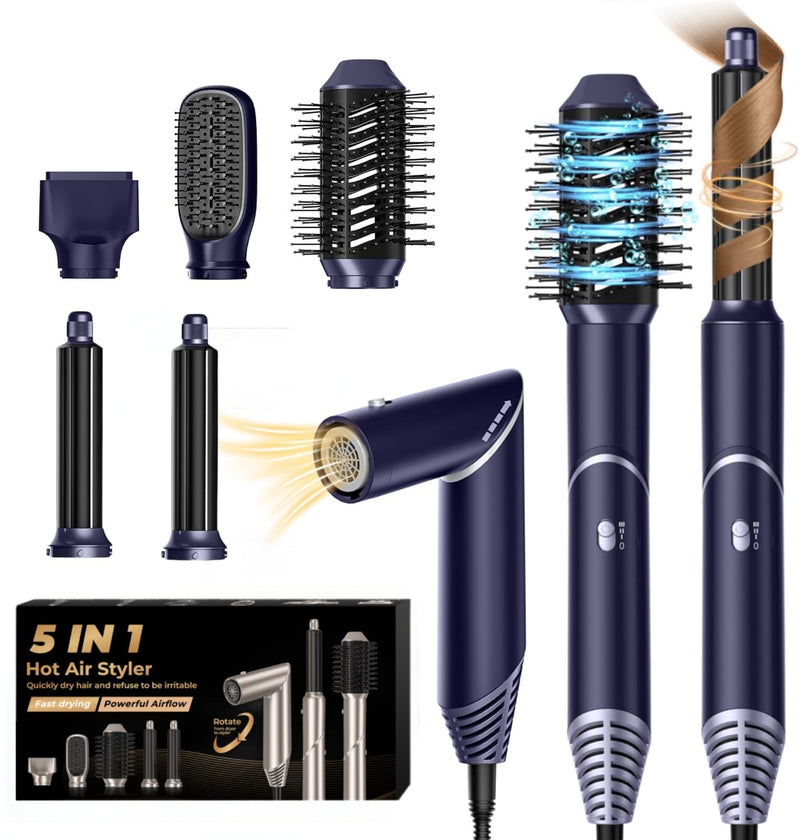 UKLISS 5 in 1 Hair Air Styler Dryer with Air Curlers Auto Curling Wands Multi-use Hair Blow Dryer for Women Set, with Hair Styling Tools Hair Styler Hair Curlers Hair Straightening Brush, Blue/Sliver