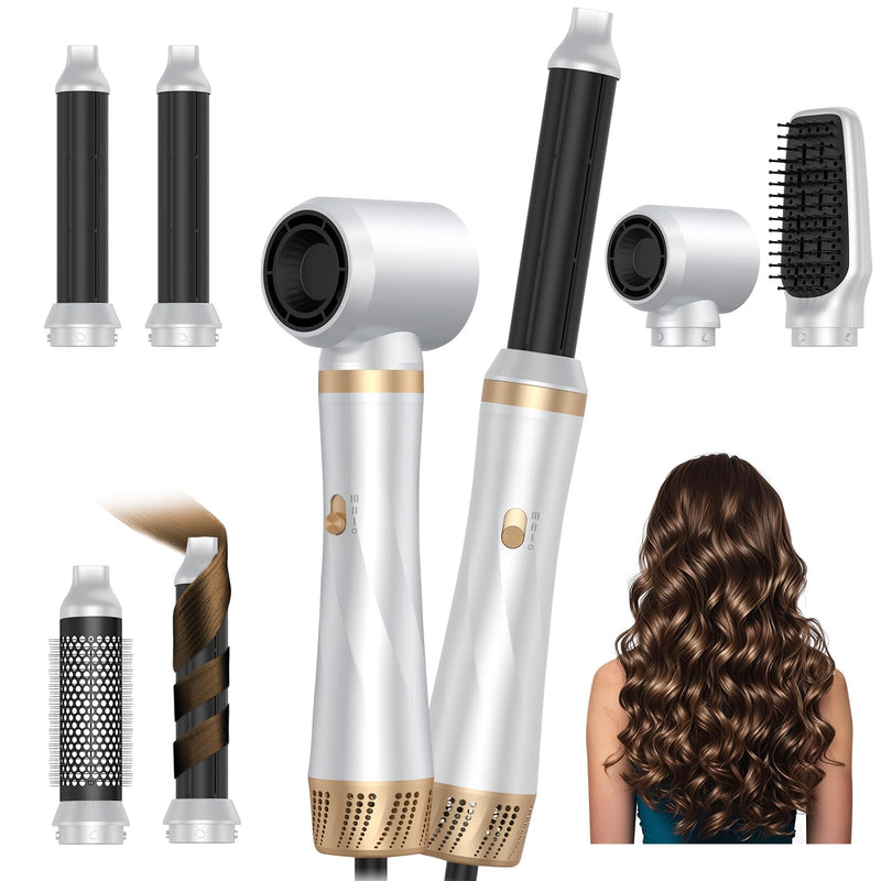 5 in 1 Air Styler, Magic Styler, 1000W Hair Styler with Auto Curling Wands, 2026 Upgraded Multi-use Ionic Hair Blow Dryer Brush Set for All Hair Type, 6,0000 RPM, Dry, Curl, Straighten Women Gifts White Gold-b