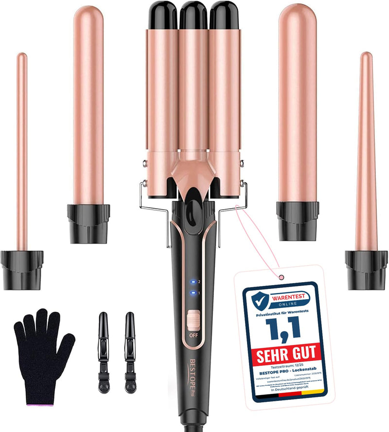 BESTOPE PRO 5 in 1 Beach Waver Hair Curler, Curling Iron (9-32mm) with 2 Temperature Control, Mermaid Hair Waver with Heat-Resistant Glove and 2 Clips for Long Medium Short Hair Rose Gold
