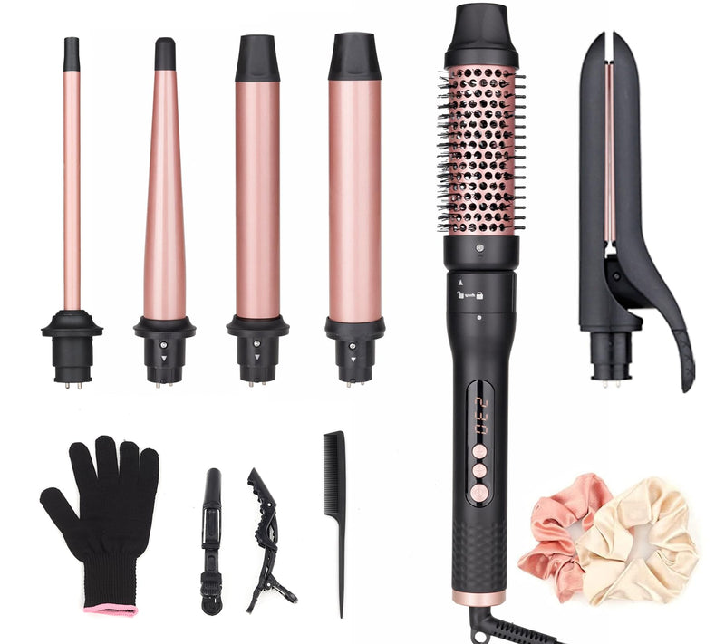 UNOBEY 6 in 1 Curling Iron Wand Set with Curling Iron Brush Interchangeable | Ceramic Barrels Hair Straightener Curling Wand(0.5"-1.25"), Instant Heat Up, Dual Voltage Hair Curler Tools, Include Glove