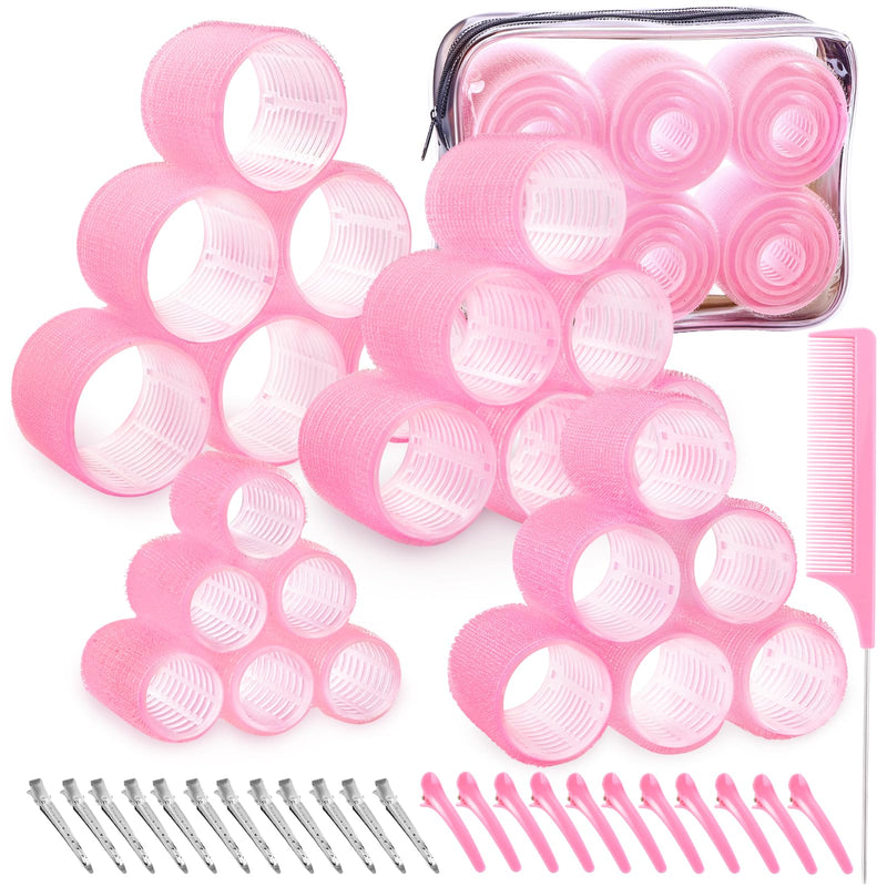 JOLCEEY 50pcs Hair Rollers with Clips, Jumbo Large Medium Small Rollers for Hair Volume Big Hair Curlers Rollers for Long Medium Short Hair DIY Hairdressing (Pink) 50PCS-C