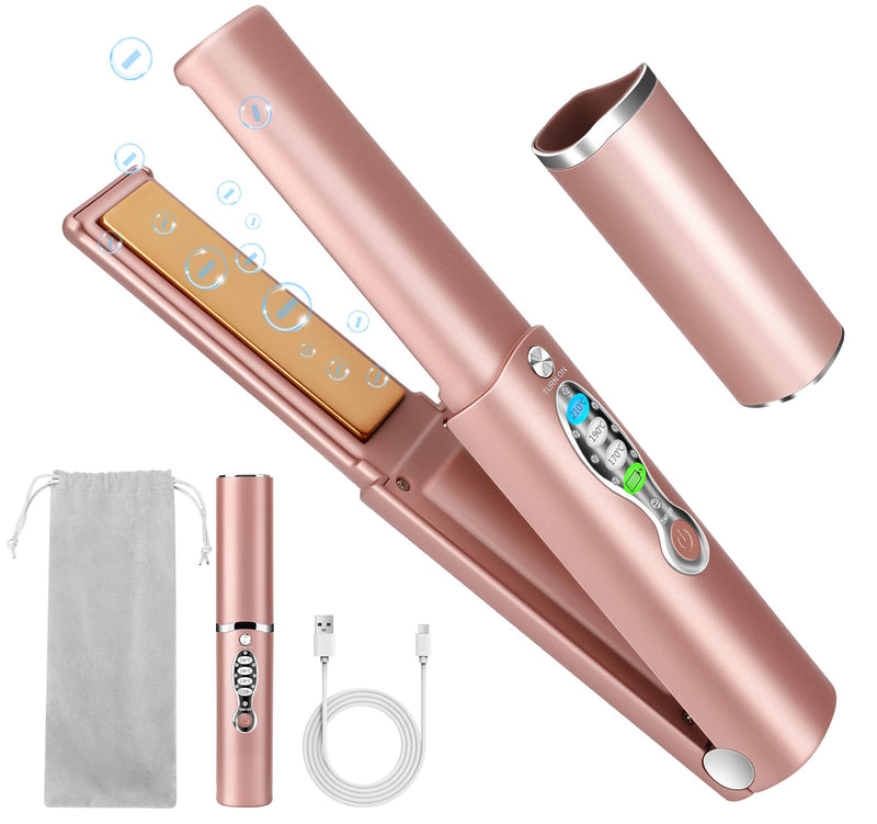 Cordless Titanium Hair Straightener and Curler w Cover, Portable USB Rechargeable Fast Heat Up Flat Iron Travel Size with 5V/5000mAh Battery, Anti-Scald 3-Level for Smooth, Swift and Glossy Hair(Pink Pink